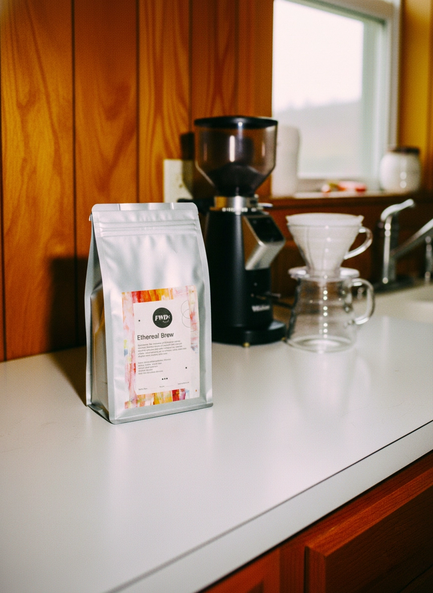 A bag of coffee on a counter in a kitchen with wooden panels.