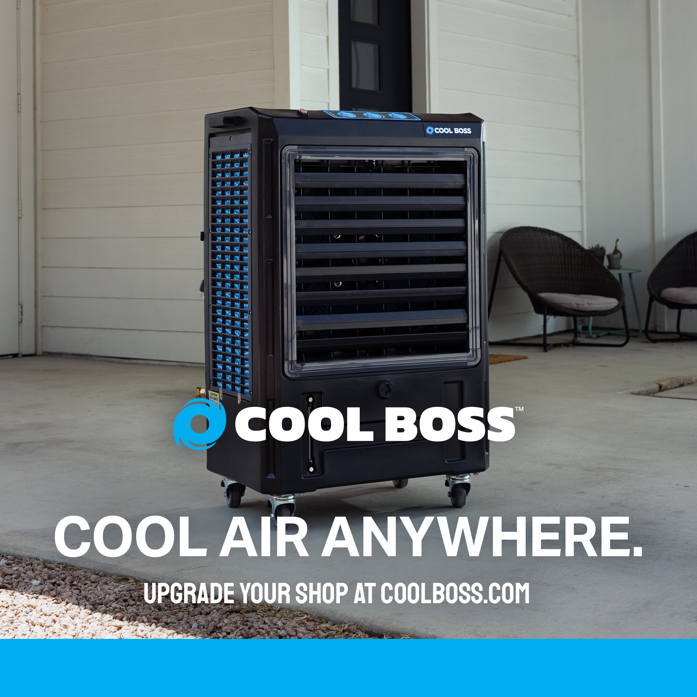 Cool Boss portable evaporative cooler on a patio – "Cool air anywhere" ad