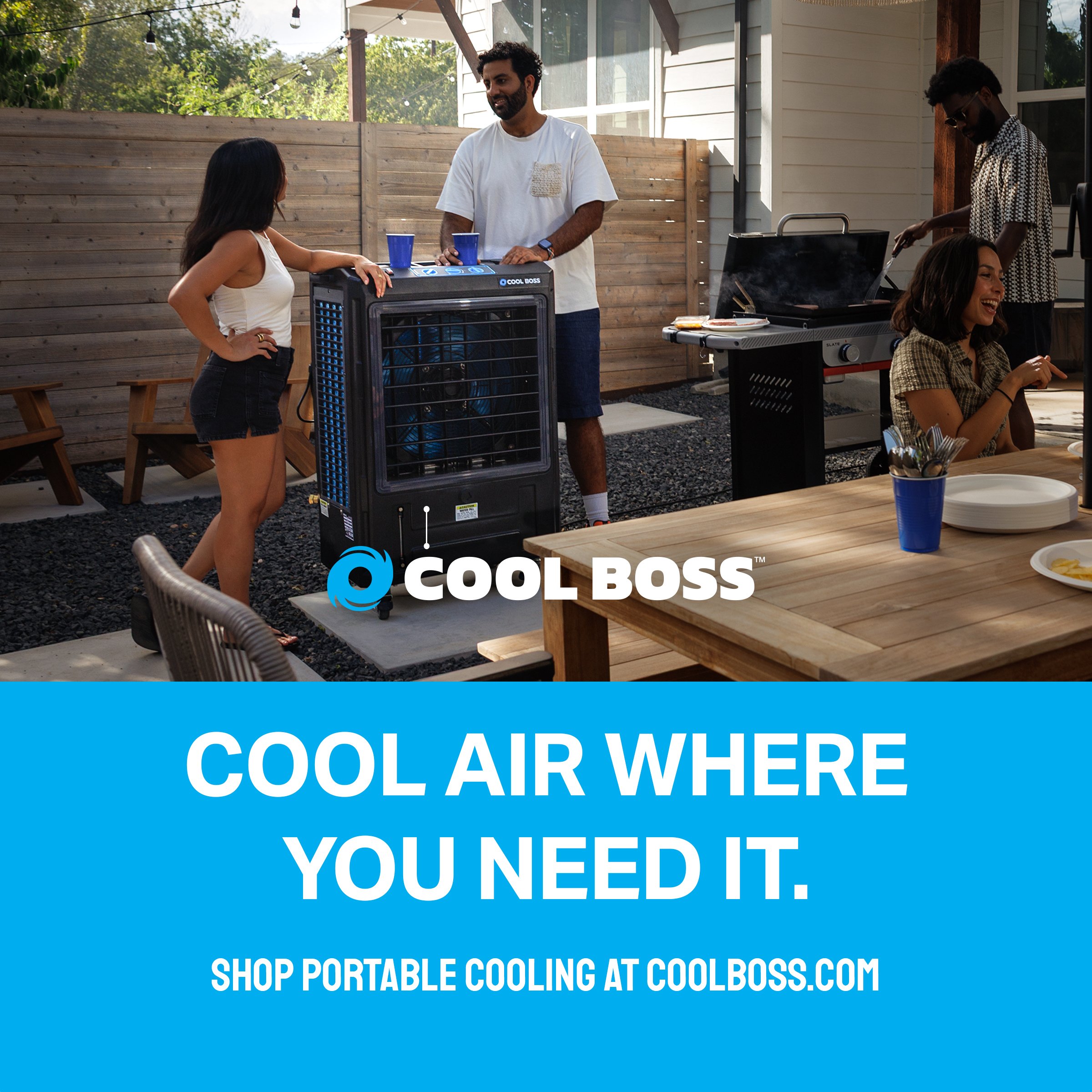 Cool Boss portable evaporative cooler at a backyard barbecue – "Cool air where you need it" ad