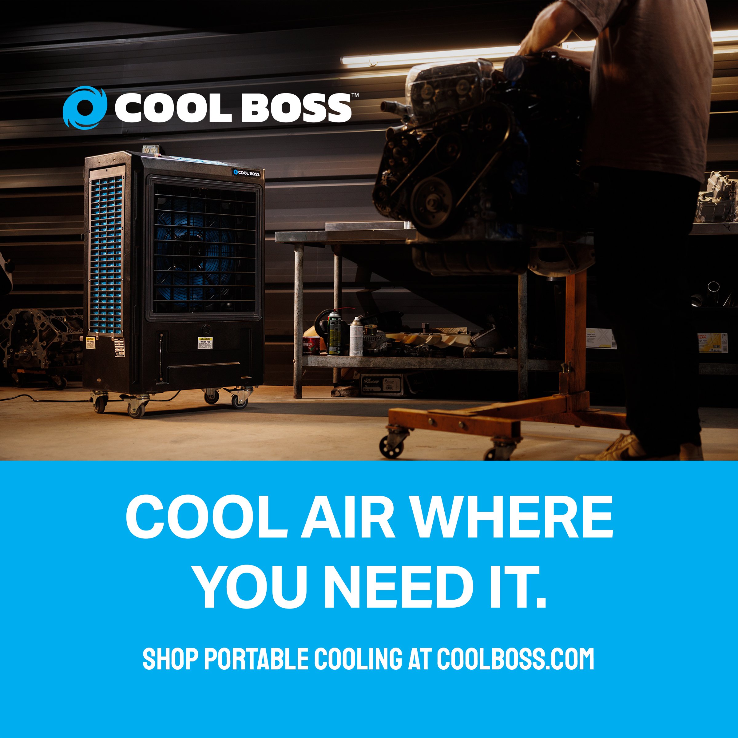 Cool Boss cooler in a dark engine-building shop – "Cool air where you need it" ad