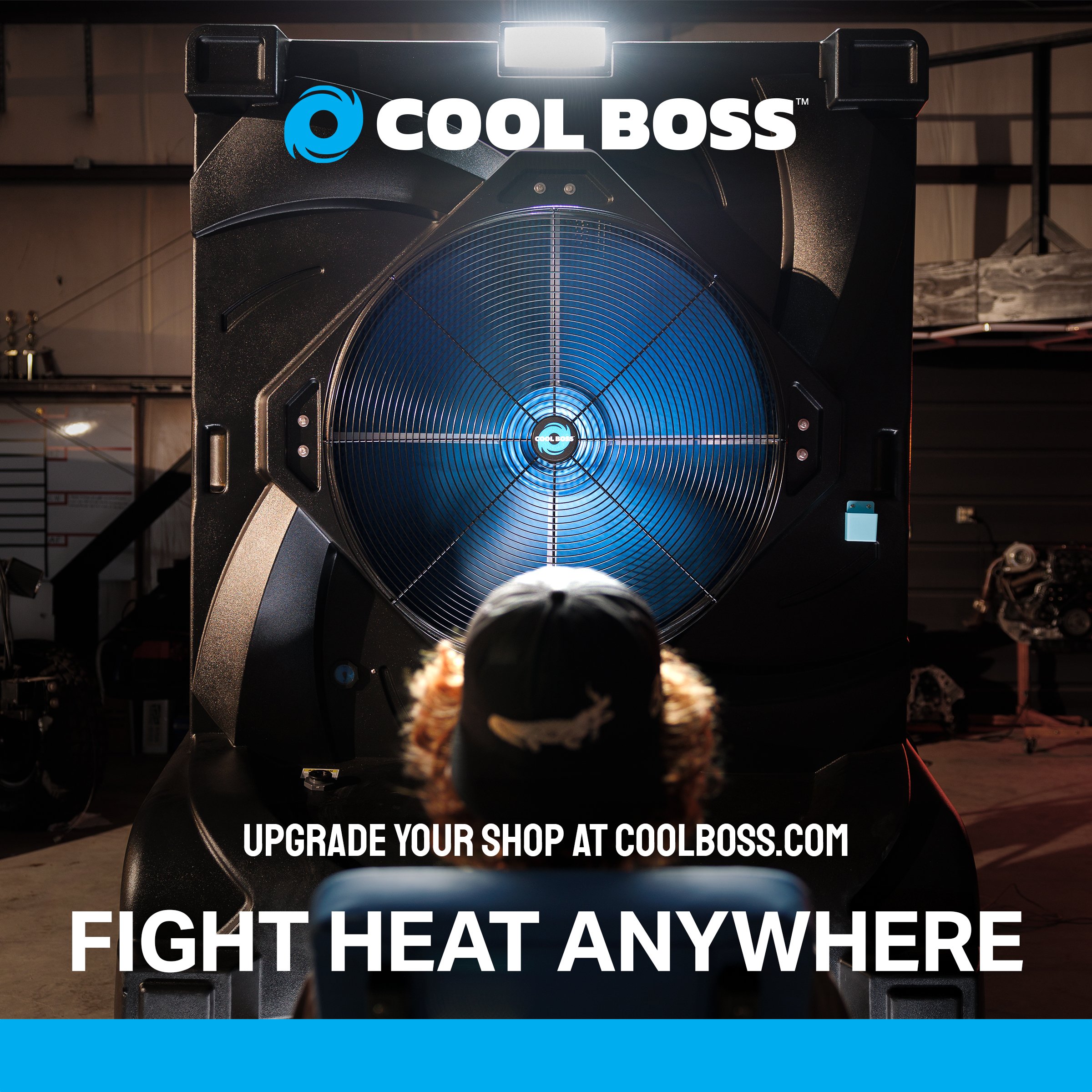 Person sitting in front of a large Cool Boss fan in a shop – "Fight heat anywhere" ad