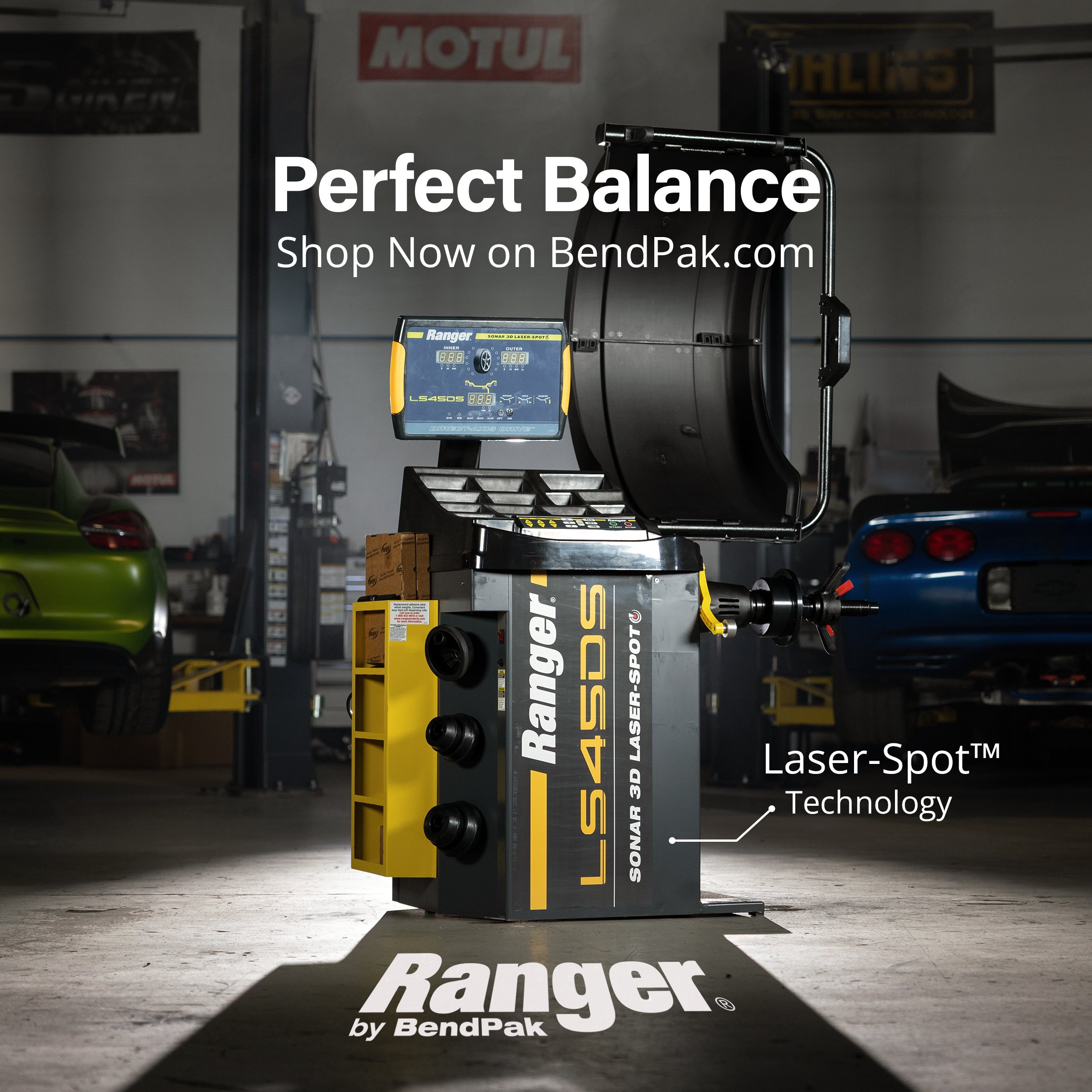 Ranger LS45DS wheel balancer with Laser-Spot technology – "Perfect Balance" ad