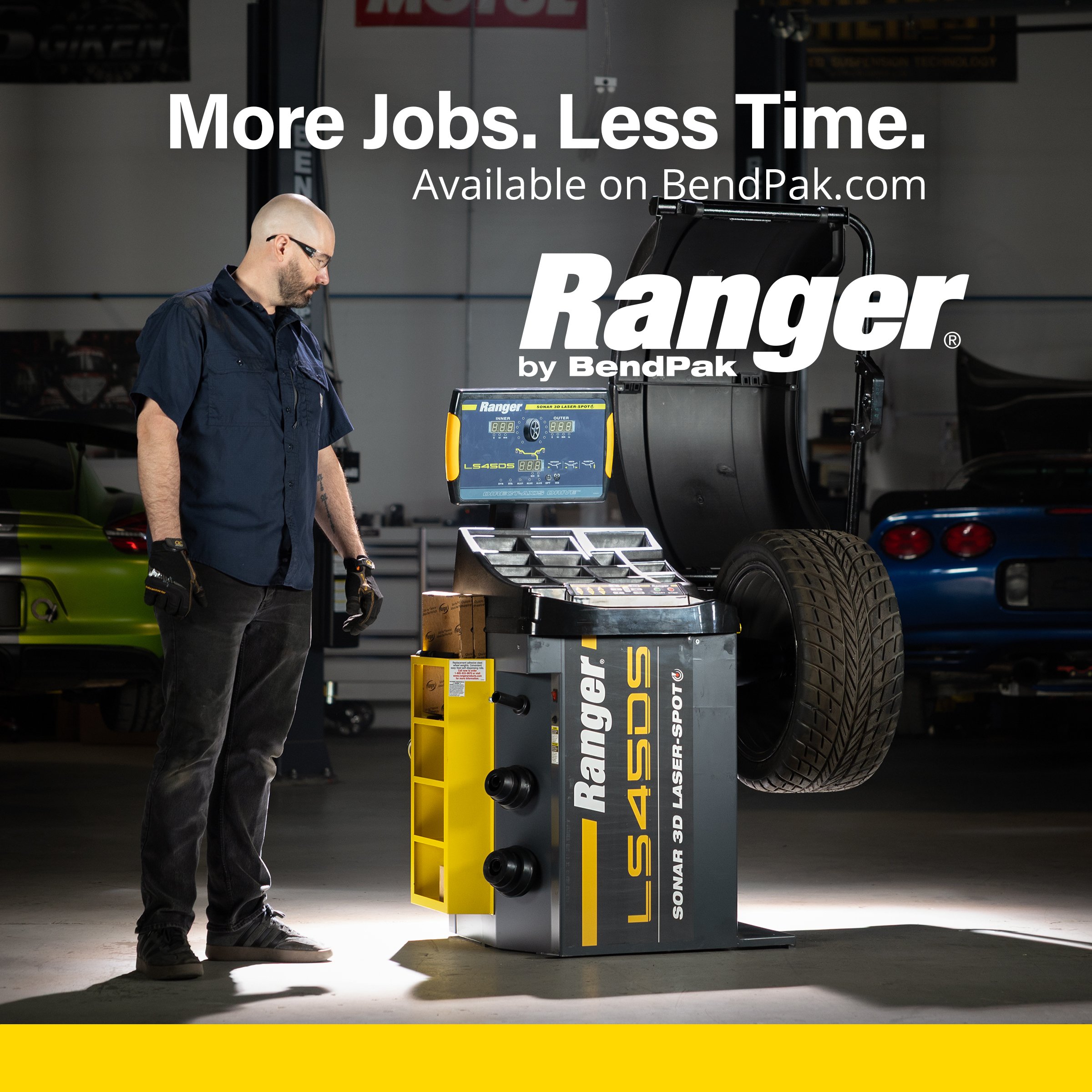 Technician next to the Ranger LS45DS wheel balancer – "More Jobs. Less Time." ad