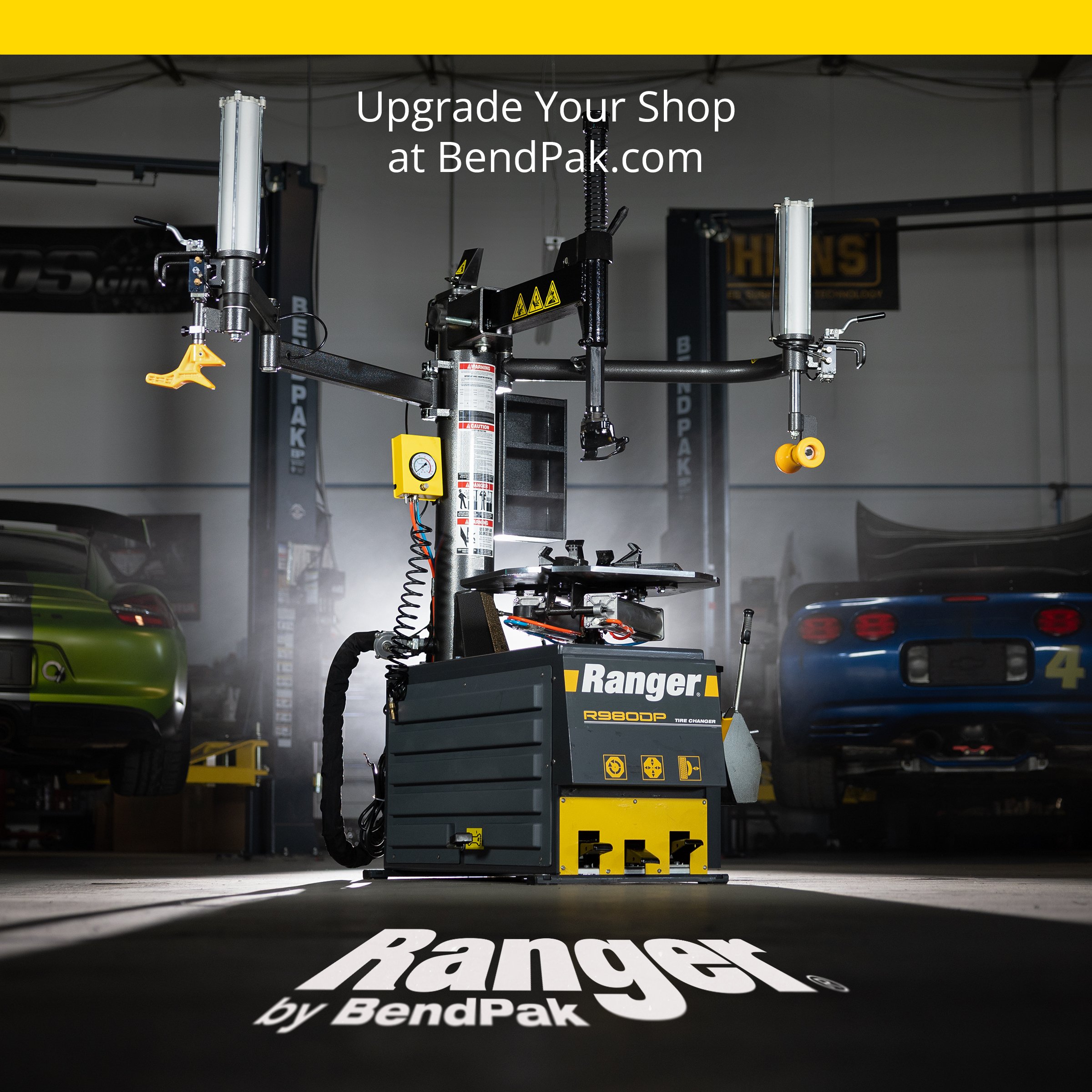Ranger R980DP tire changer in a race shop – "Upgrade Your Shop" ad
