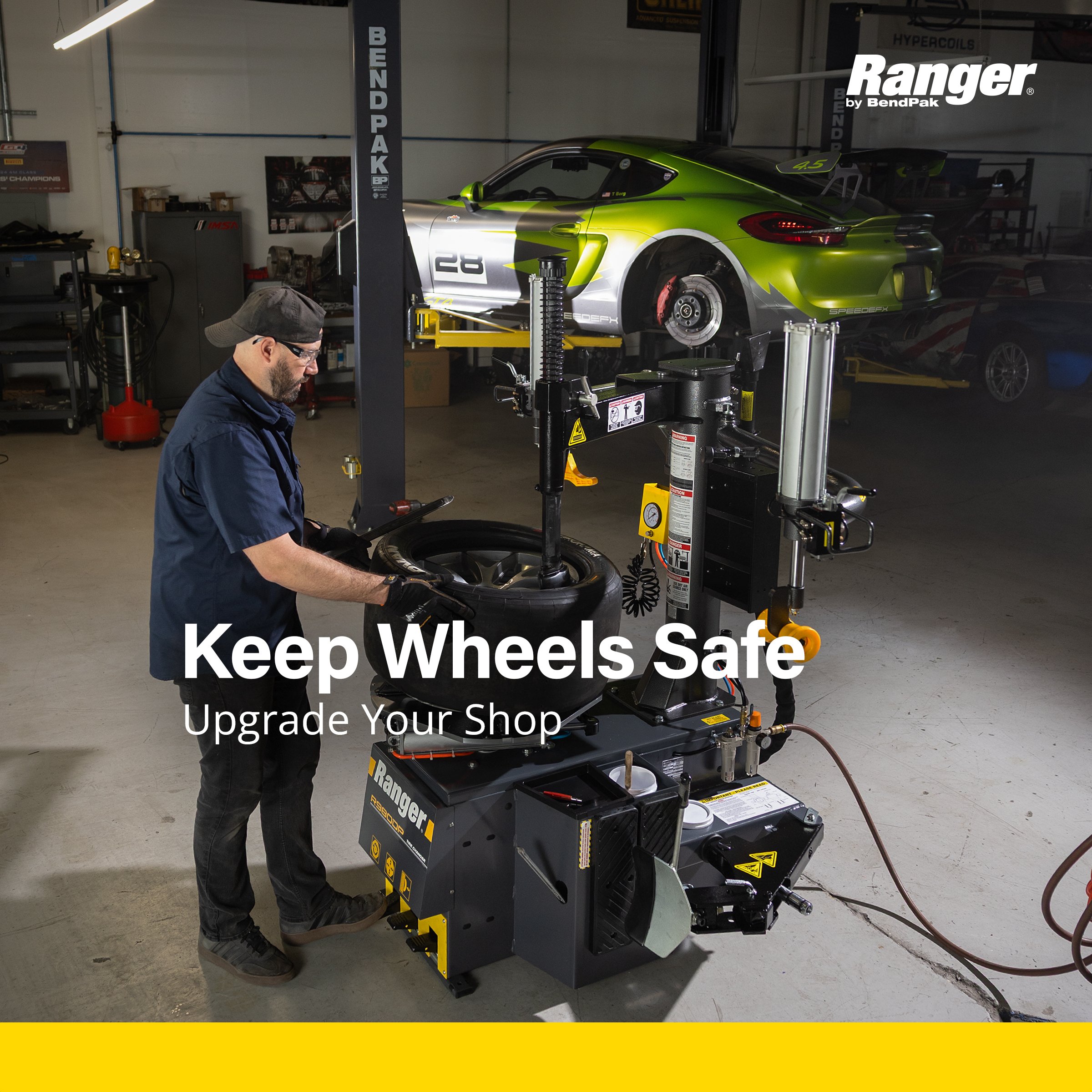 Technician changing a tire on the Ranger R980DP – "Keep Wheels Safe" ad