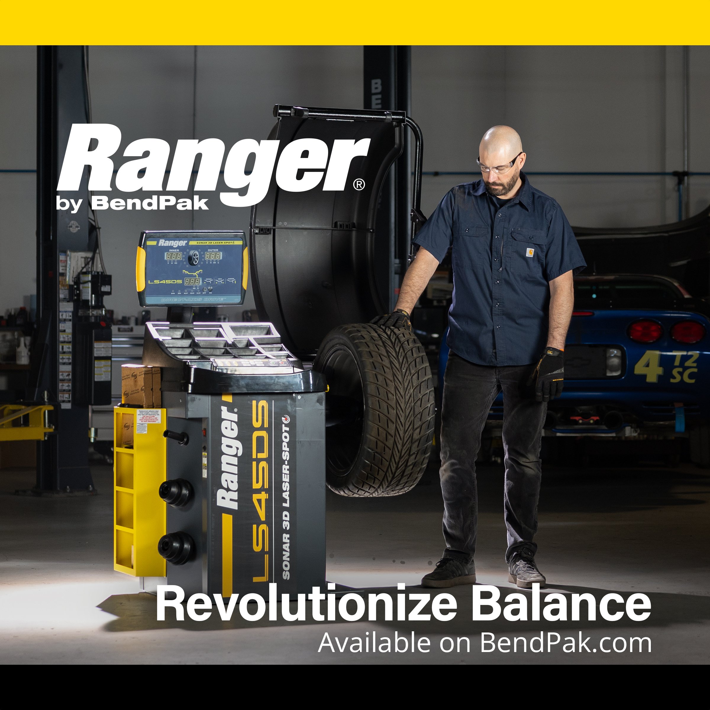 Technician beside the Ranger LS45DS wheel balancer – "Revolutionize Balance" ad