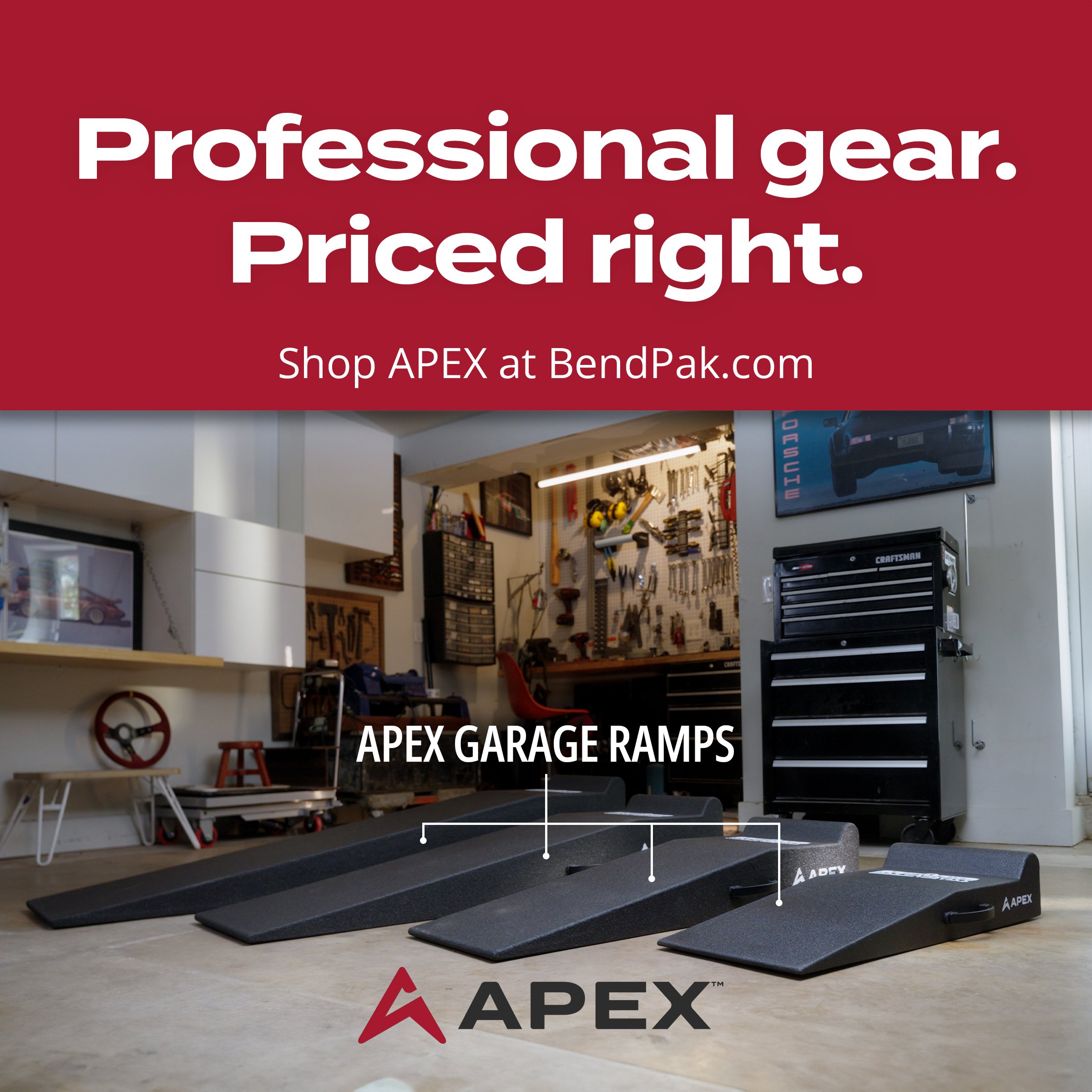 Four APEX garage ramps in a home garage – "Professional gear. Priced right." ad