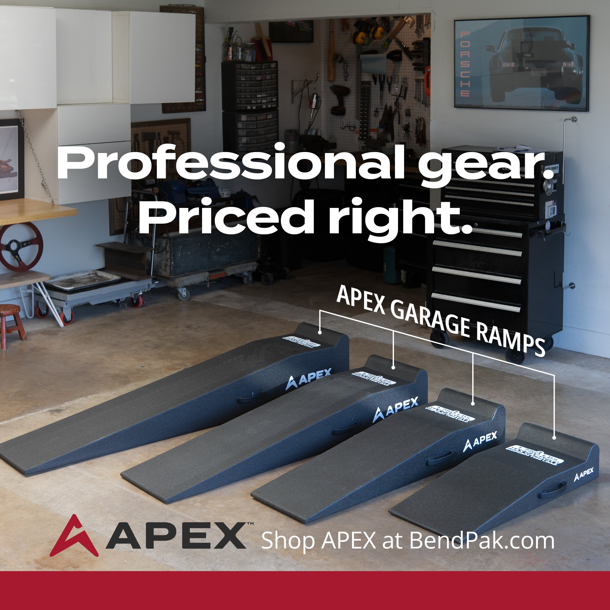 APEX garage ramps lined up by size in a home garage – "Professional gear. Priced right." ad