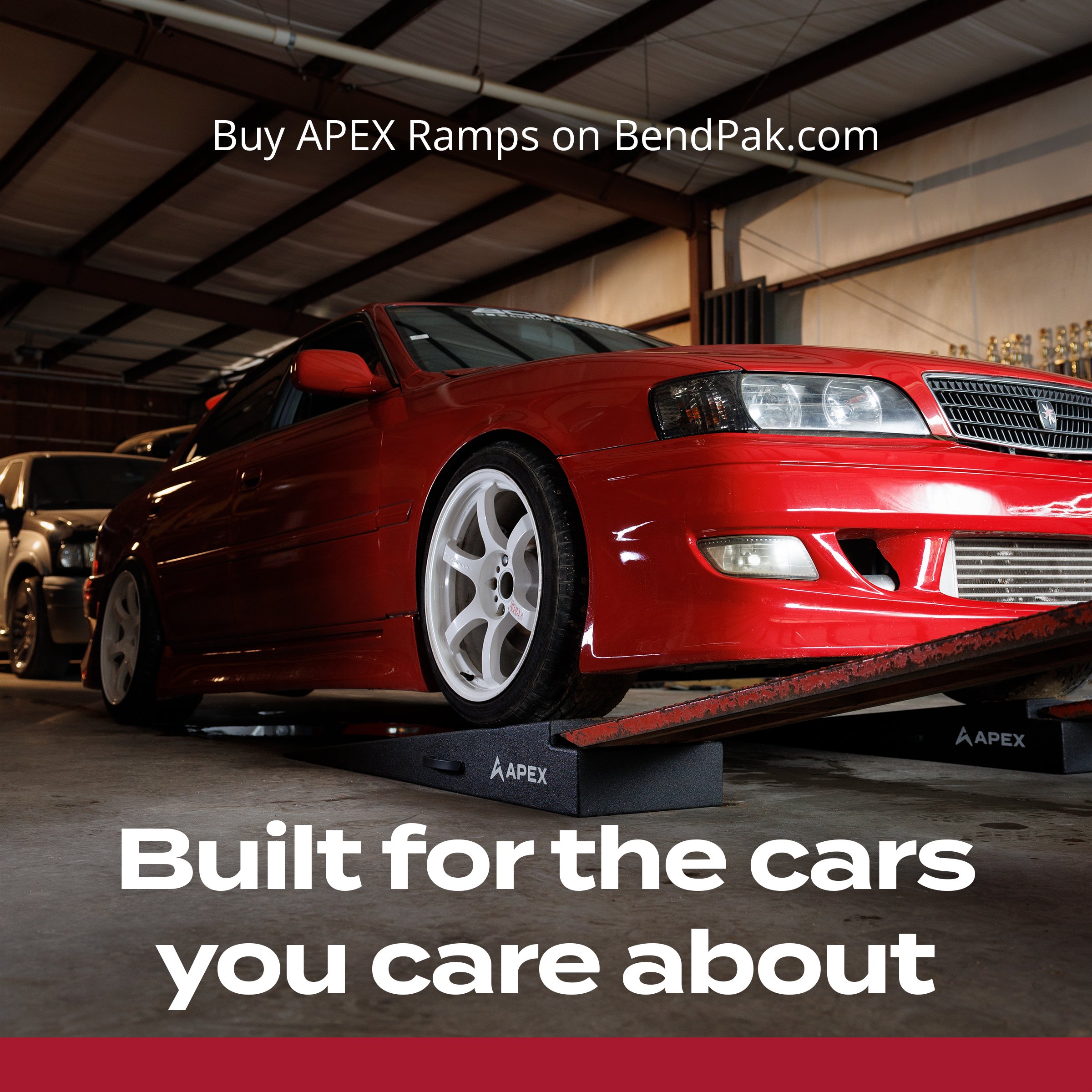 Red sedan loading onto a trailer with APEX ramps – "Built for the cars you care about" ad