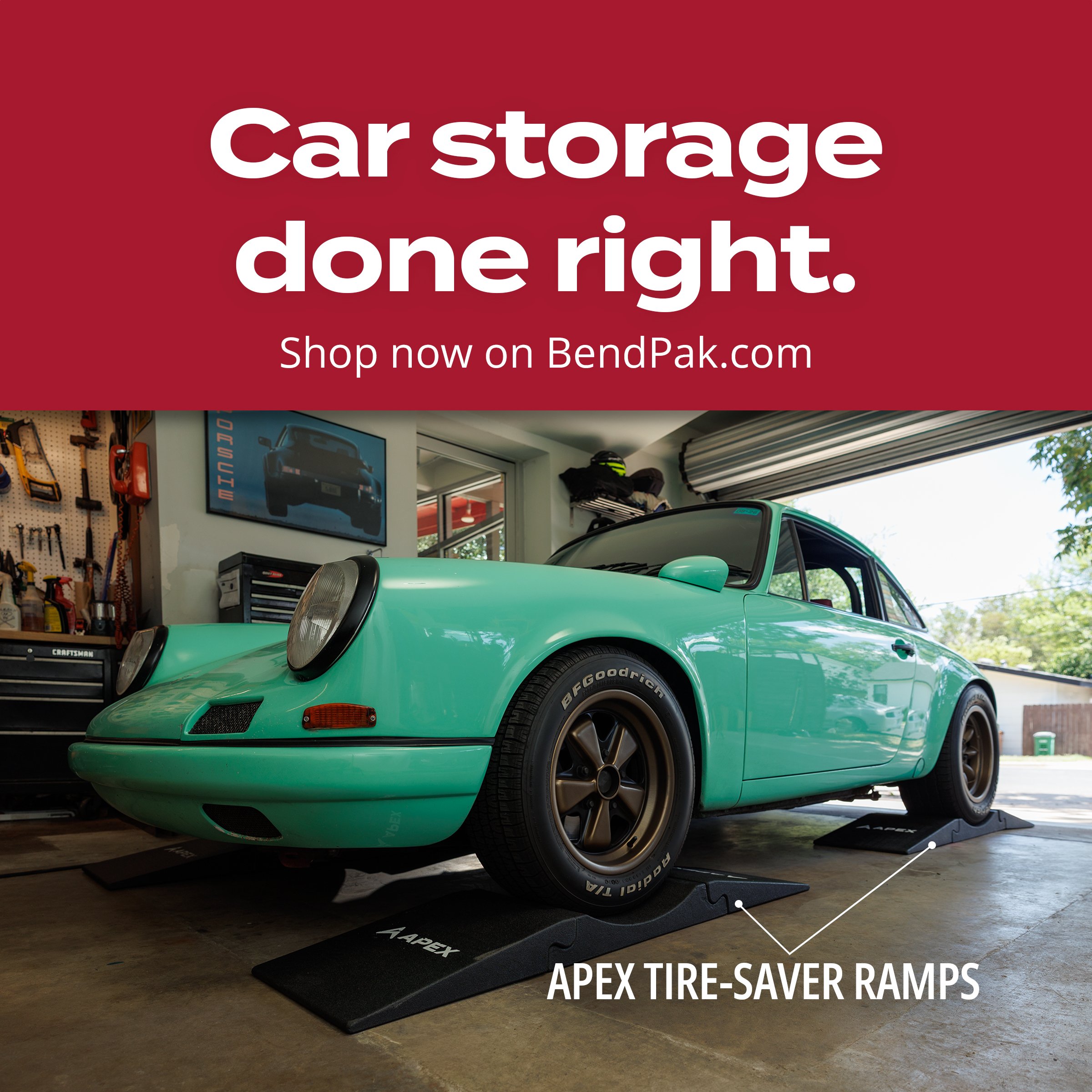 Teal classic Porsche 911 on APEX tire-saver ramps – "Car storage done right." ad