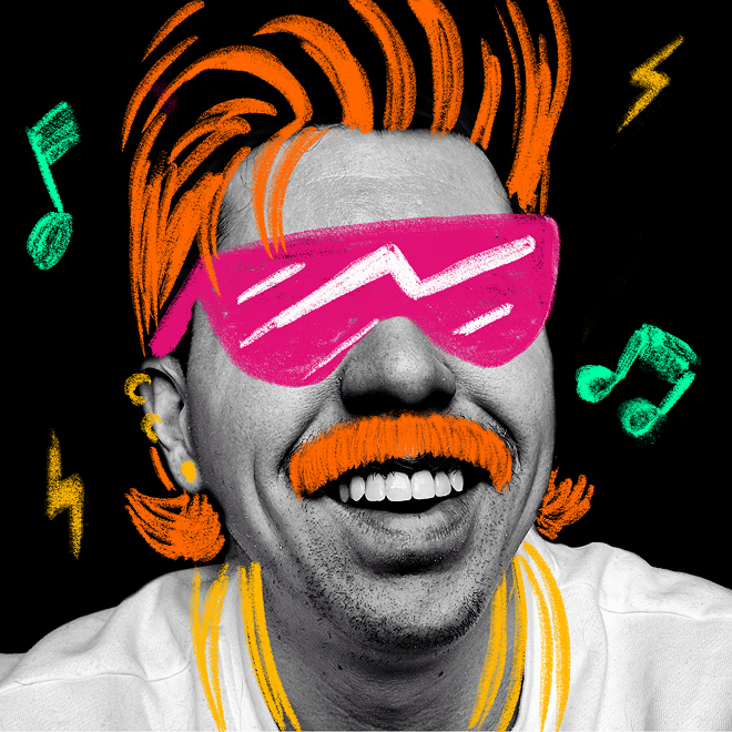 Black and white portrait of a smiling man with colorful doodles on top, including an orange mustache and hair, pink shades, and green music notes floating around his head.