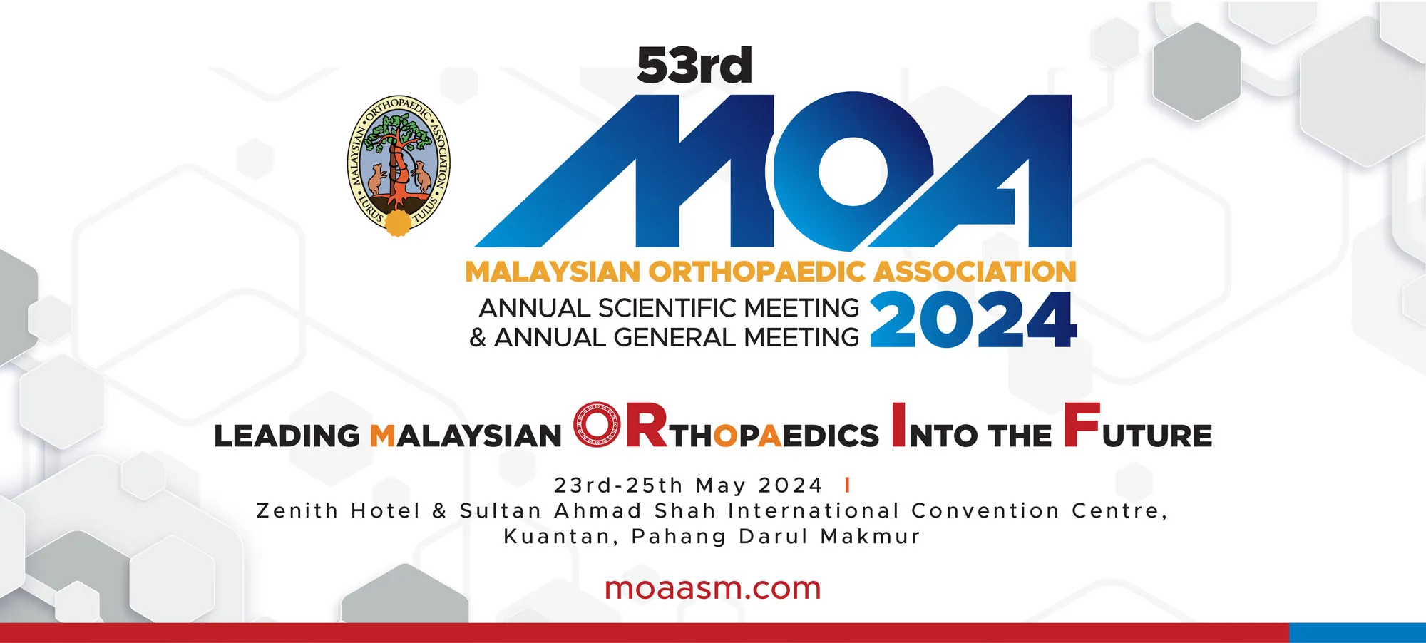 Banner für das 53. MOA Annual Scientific Meeting 2024 in Kuantan, Malaysia, vom 23. bis 25. Mai. Dr. Olaf Beck von Arthroprax wird über Knorpeldefekte und ChondroFiller sprechen.