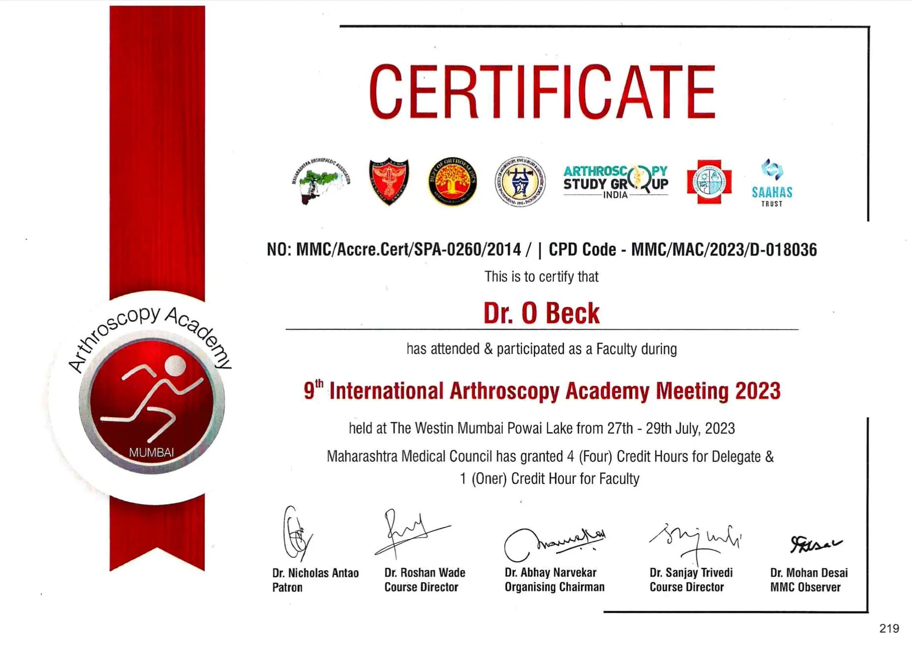 Zertifikat Dr Olaf Beck Teilnahme Arthroscopy Academy Mumbai 2023