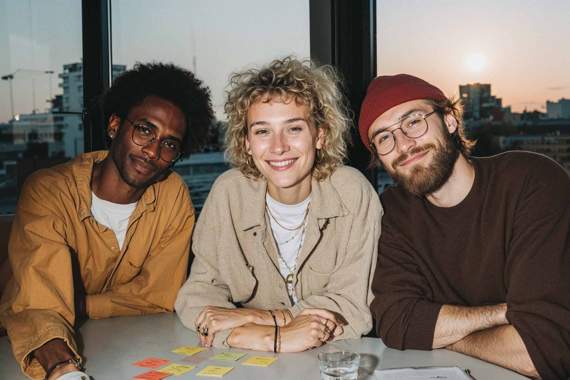 Three young adults smiling and sitting at a table with sticky notes and a glass of water, with a cityscape sunset background.