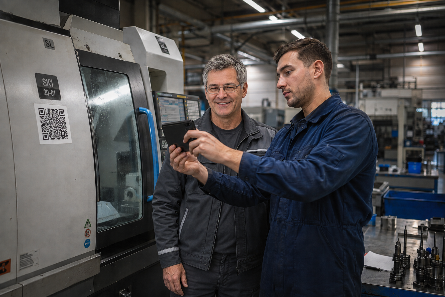 Two colleagues at a CNC machining centre, calling up a work instruction via QR code