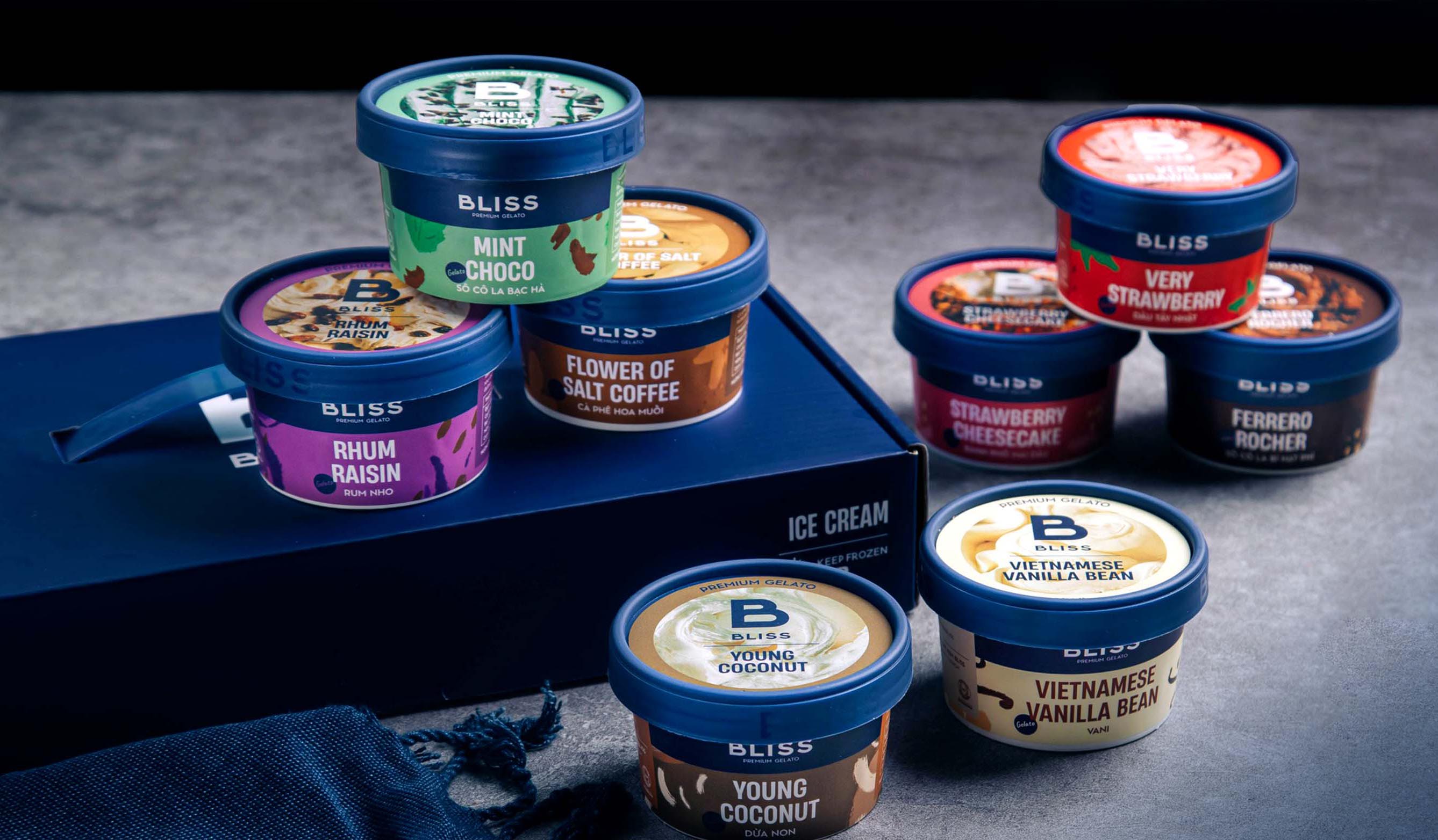 Package design for ice cream featuring the new Bliss branding