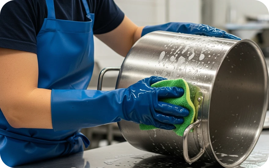 A person wearing blue gloves is cleaning a large stainless steel pot.