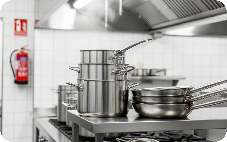 Stainless steel cookware is stacked on a commercial kitchen counter.