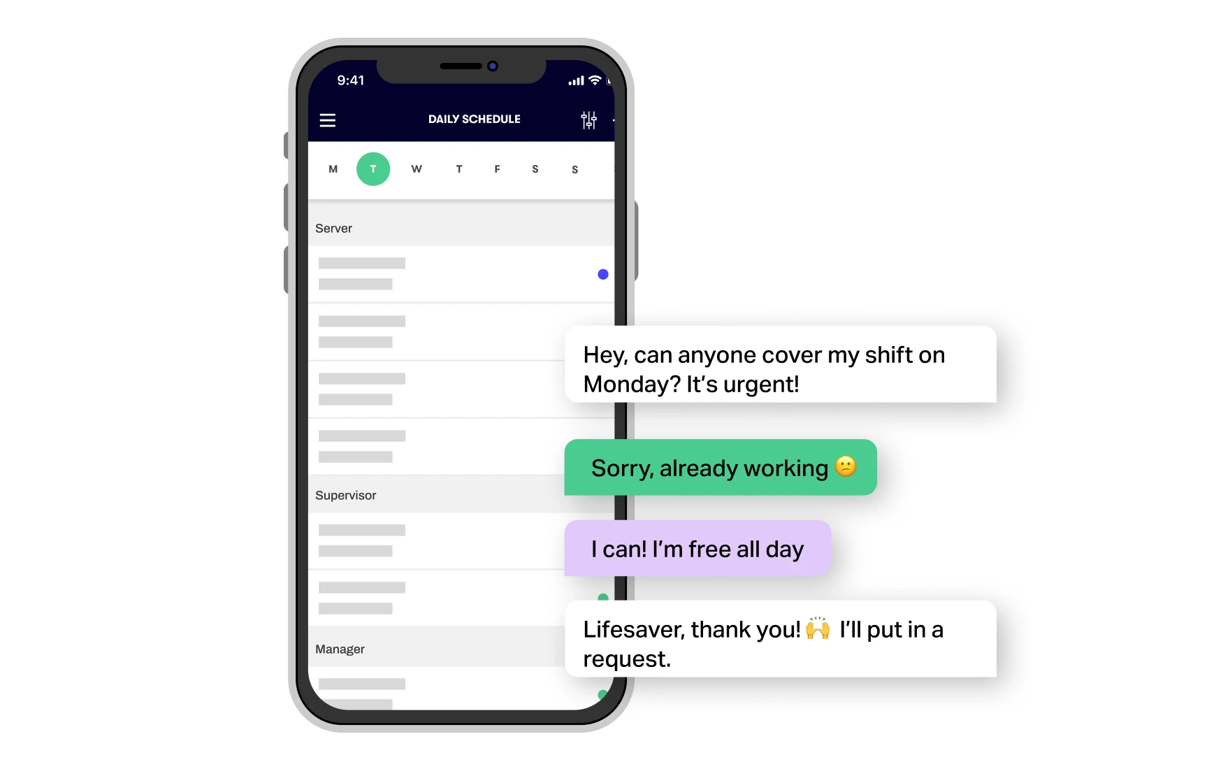 A preview of Push Operation's Push Chat shows messages exchanged by a team to arrange shift coverage