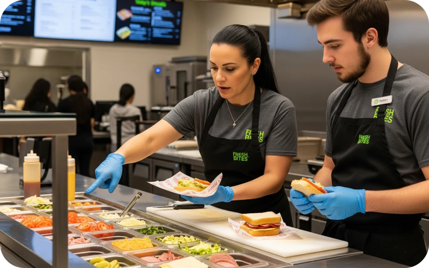 A new employee is being trained on making sandwiches by his work supervisor.
