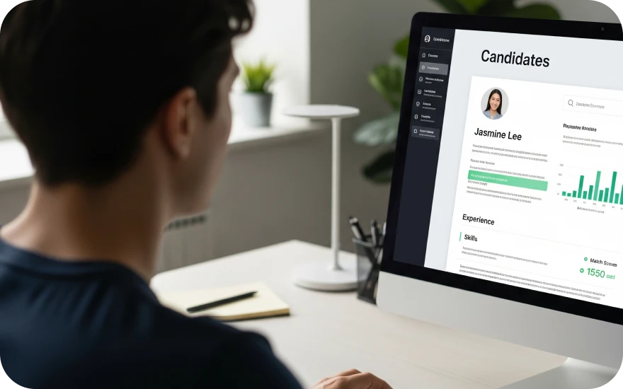 A restaurant owner is on their computer, using Push's hiring software to review candidates for a job