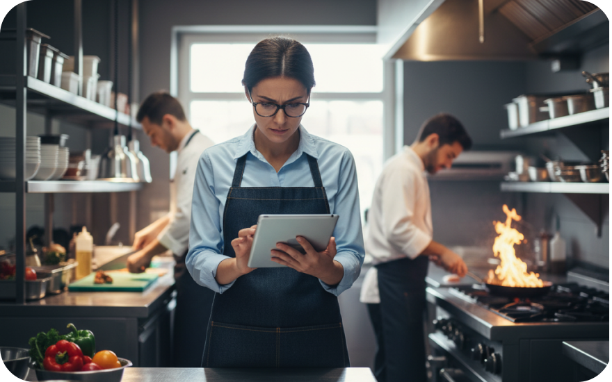 A concerned Inventory Manager is looking at a tablet in a busy kitchen.