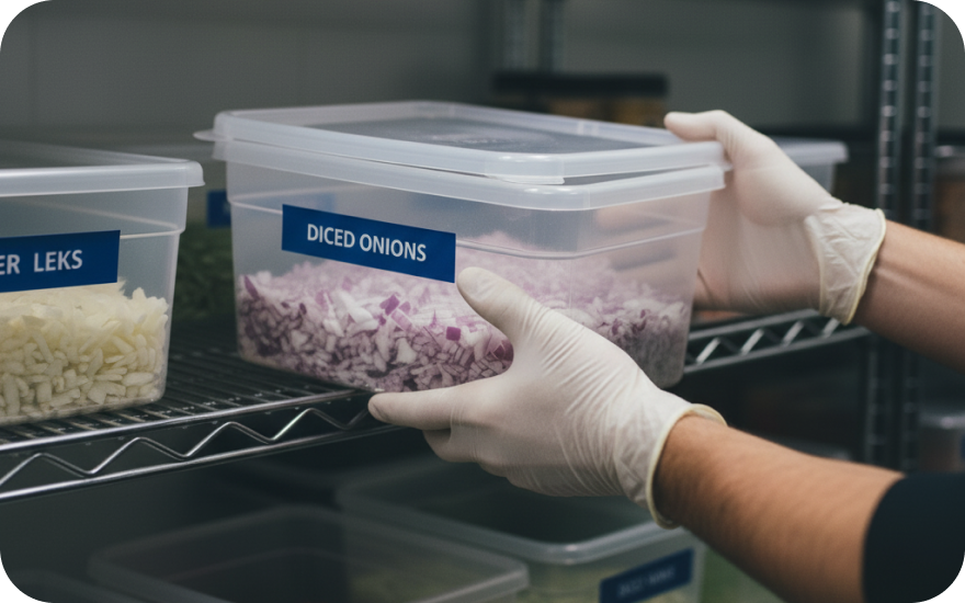 An Inventory Manager is placing a labelled bin of onions on a shelf.