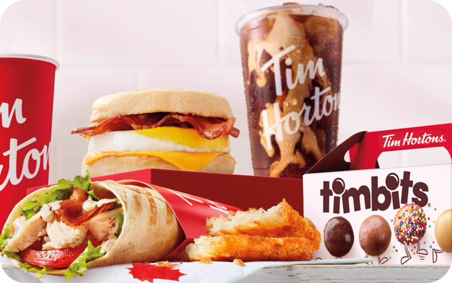 A collection of menu items from Tim Hortons, one of Canada's top franchises of 2026.