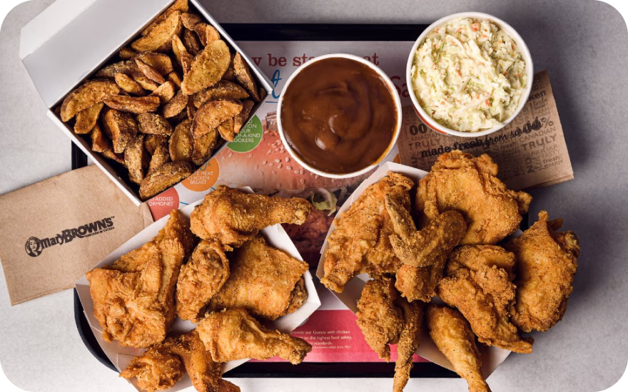 Mary Brown’s Chicken meal featuring hand-breaded chicken and signature taters.