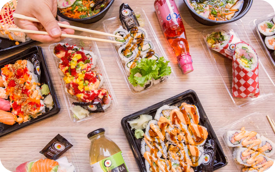 Bento Sushi assortment with sushi rolls and fresh, ready-to-eat Japanese-inspired items.