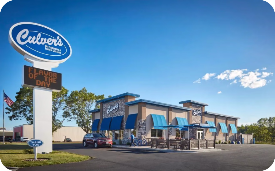 Culver’s restaurant exterior with blue awnings and branded signage from a prominent US fast-casual franchise.