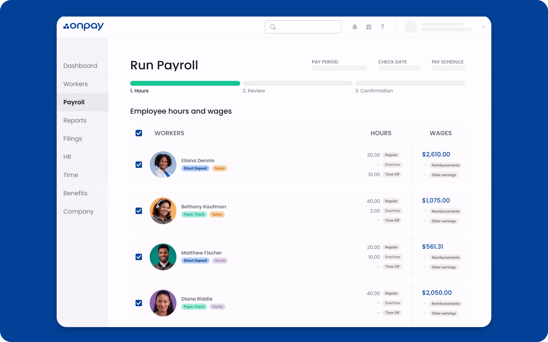 OnPay payroll software interface for small business wage and tax management