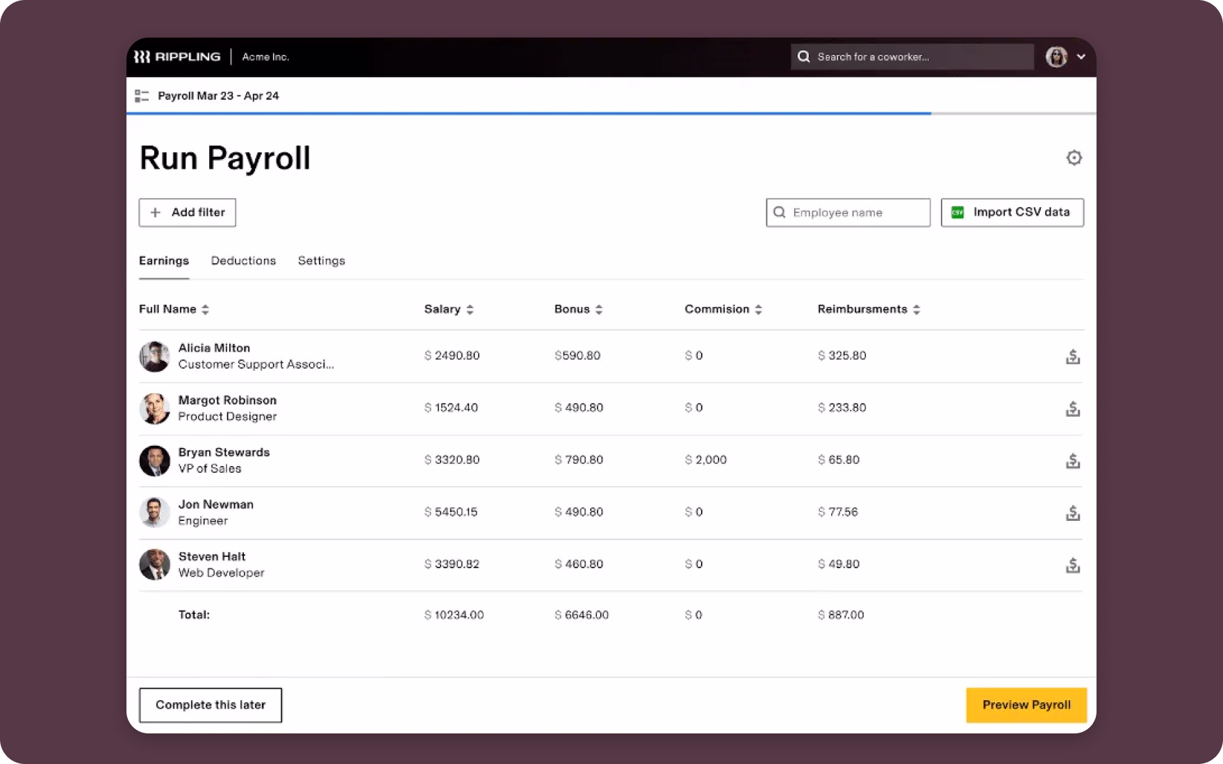Rippling payroll and HR software platform showing employee and wage management