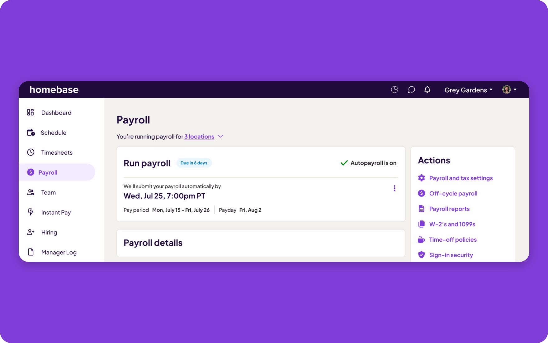 Homebase payroll and scheduling software interface for hourly restaurant teams