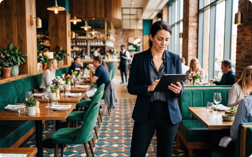 Restaurant owner managing their restaurant through BI insights.