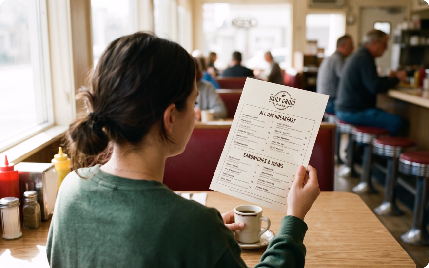 A woman is reading a condensed breakfast menu at a diner.