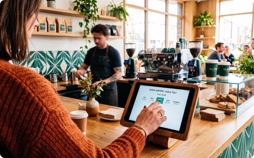 A woman at a trendy cafe is leaving a 20% cashless tip on a tablet.