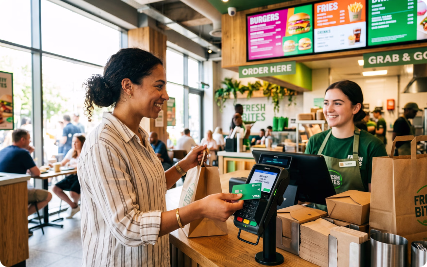 A woman is tapping her credit card to pay for her meal at a fast casual restaurant.