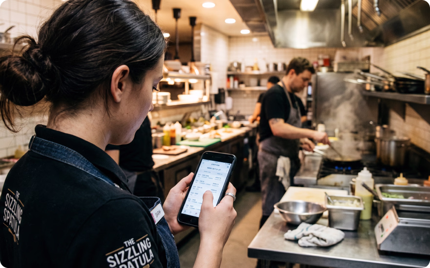 A line cook is checking her weekly work schedule on her phone.