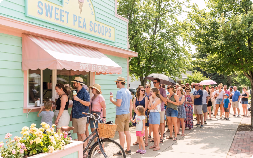 A popular ice cream shop on a summer day has a line full of people waiting outside.