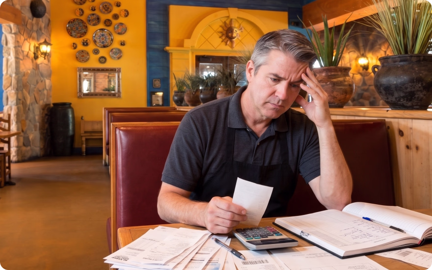 A stressed out restaurant manager sits in a booth while reviewing bills and paperwork.
