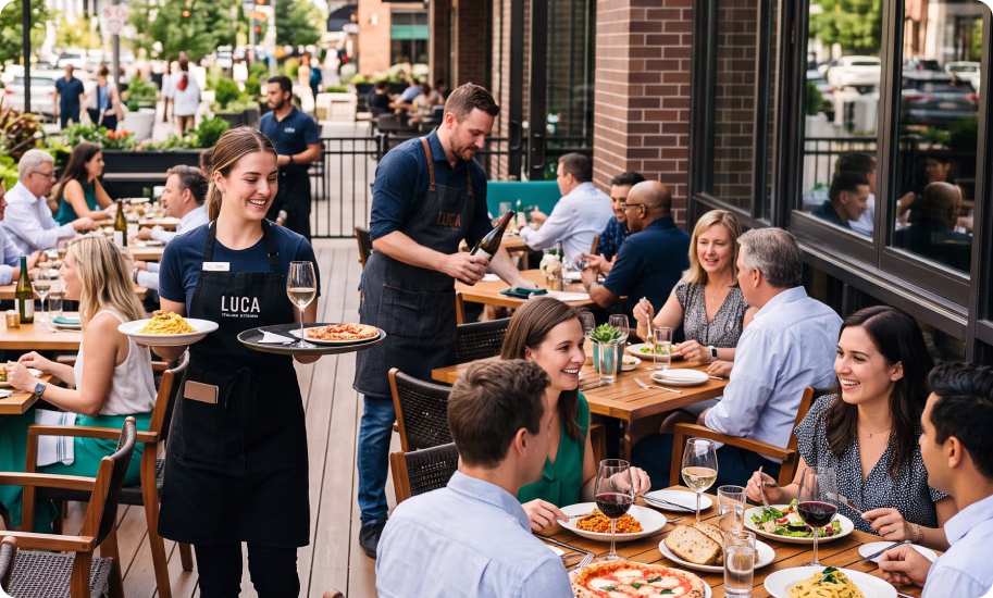 A lively summer restaurant patio, with diners enjoying their meals and a smiling server carrying a tray of food.