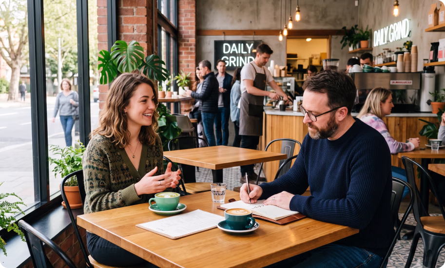 A cafe owner is interviewing a potential barista in his cafe.
