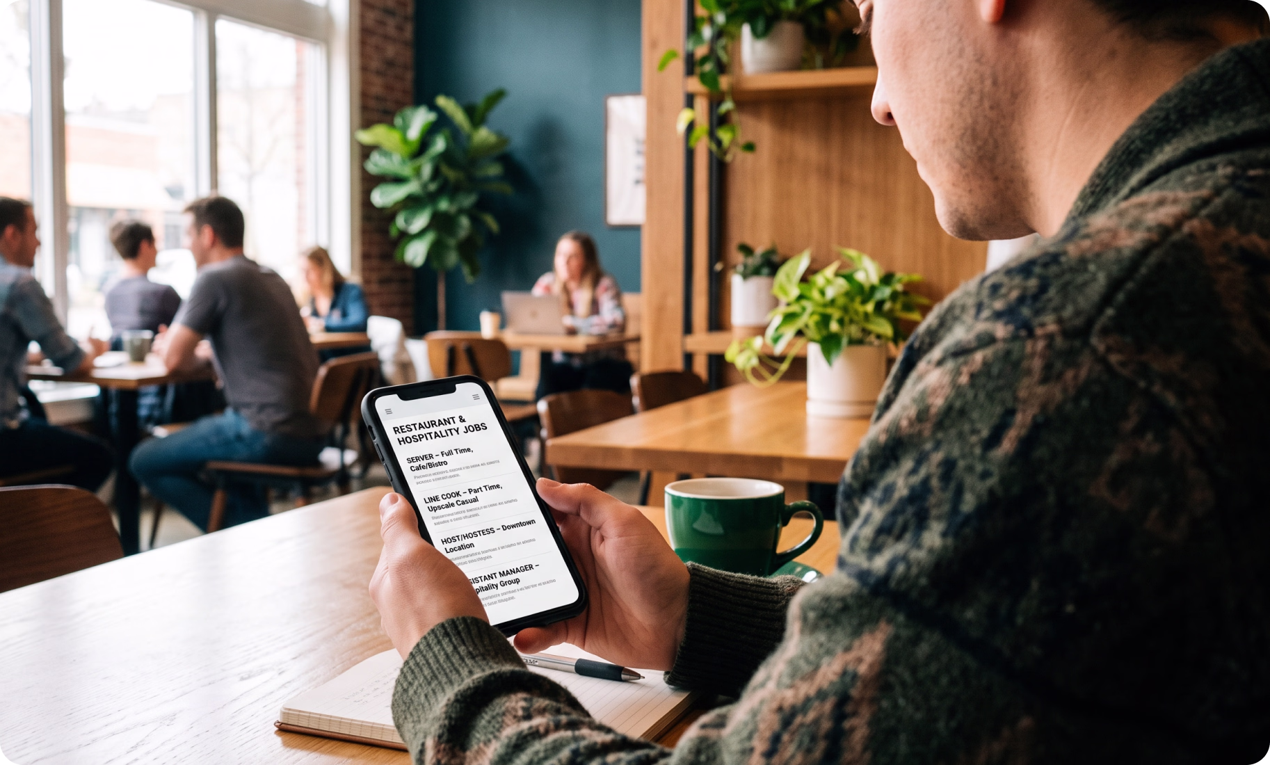 A man is browsing restaurant jobs on his phone via a restaurant-specific job board.
