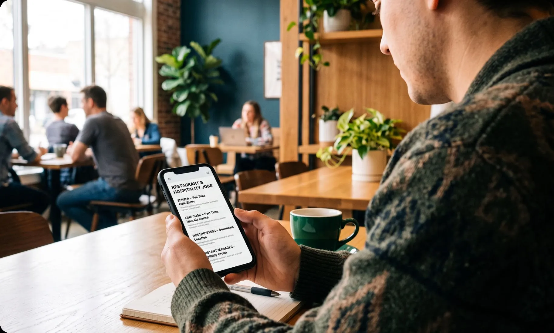 A man is browsing restaurant jobs on his phone via a restaurant-specific job board.