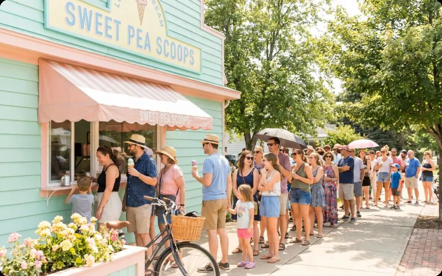 A popular ice cream shop on a summer day has a line full of people waiting outside.