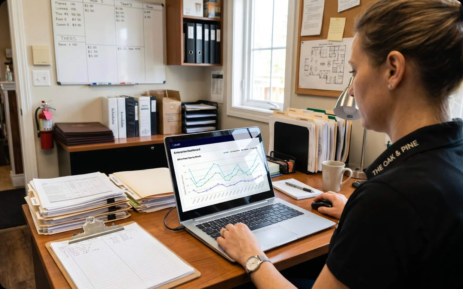 A restaurant manager reviews a multi-location SPLH chart on Push's Enterprise Dashboard from her laptop.