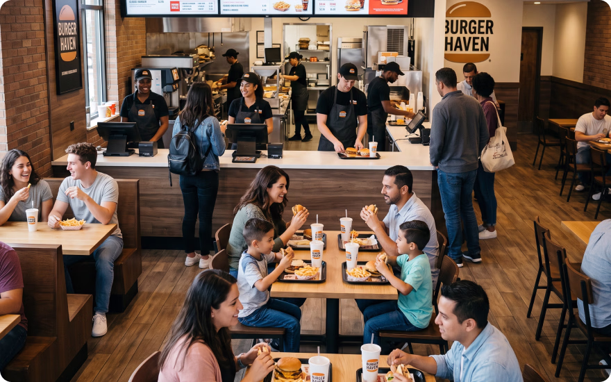 A fast food burger chain is filled with happy customers and a well-staffed kitchen.