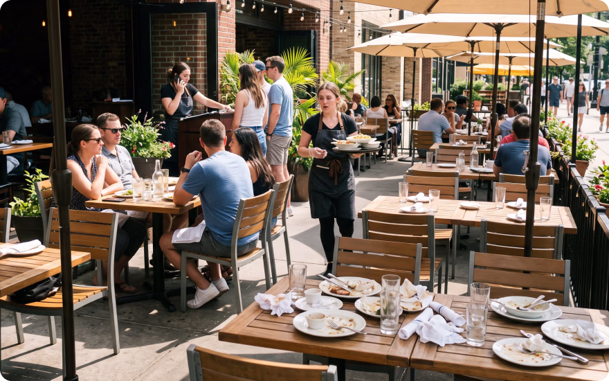 An exhausted server is holding a tray of plates on an understaffed restaurant patio.