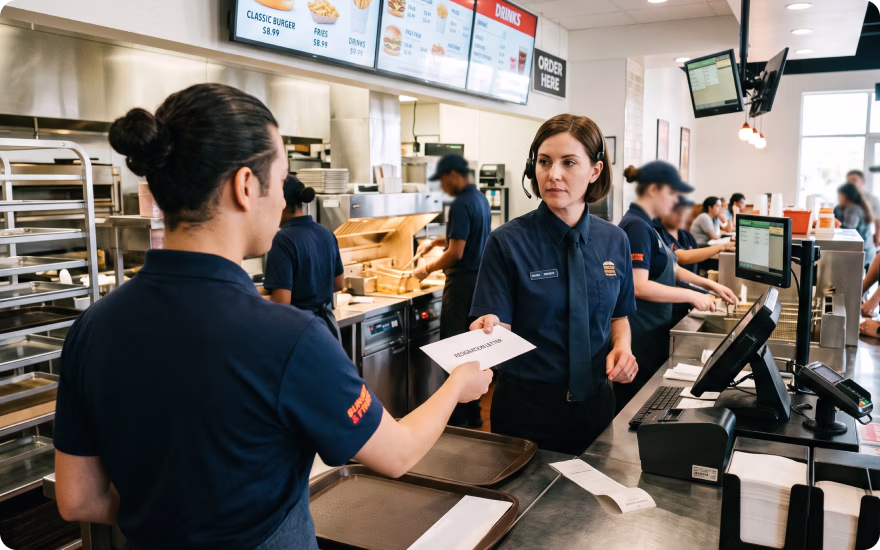 A fast food worker hands a resignation letter to his manager.